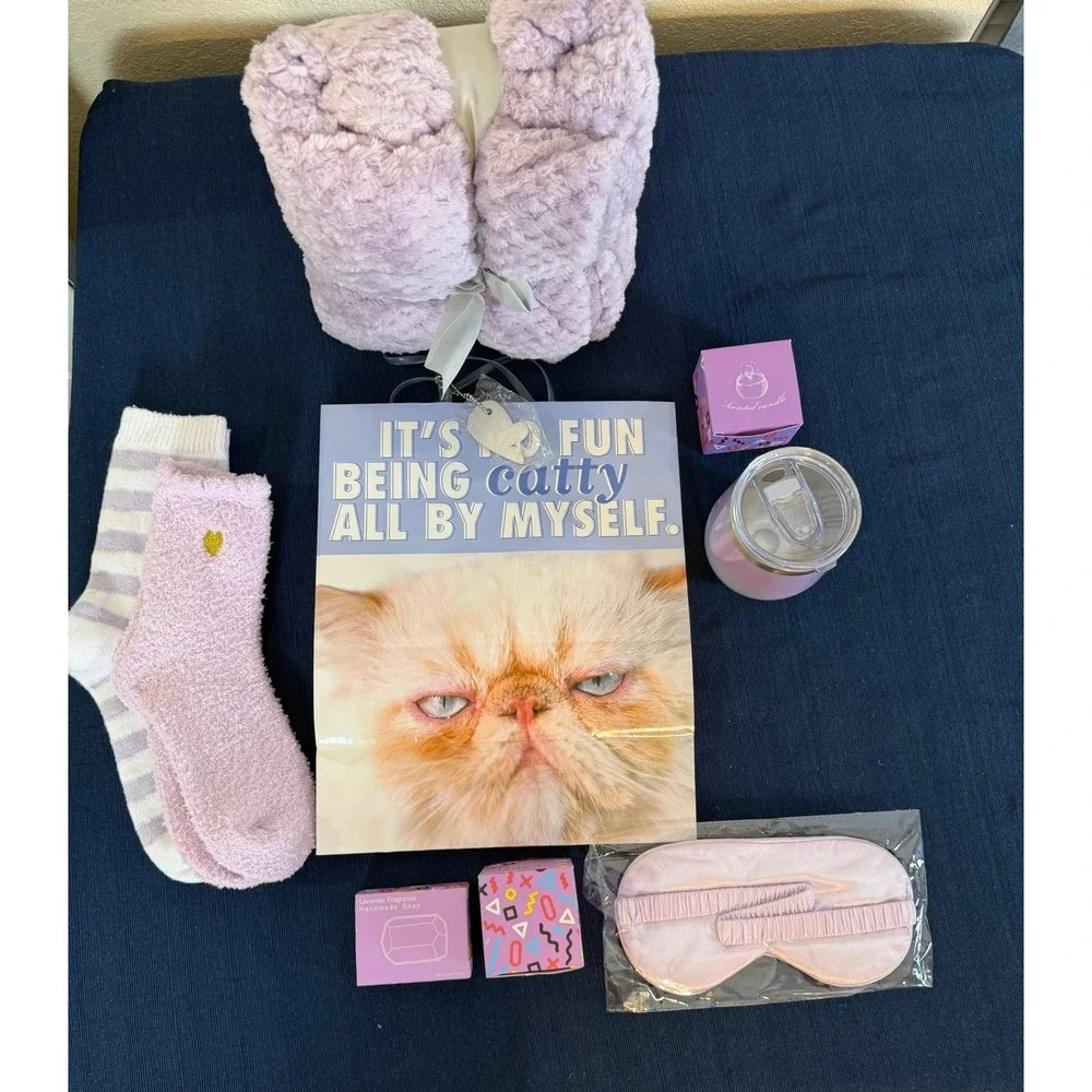 Self Care Gift Set Purple Lavender Blanket Sock Tumbler Candle Spa Kit Cozy Core